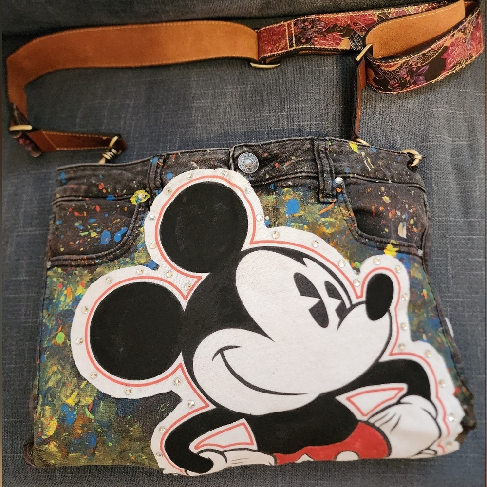 Hand Crafted Multicolor Mickey Mouse Denim Crossbody Bag - Picture 2 of 5